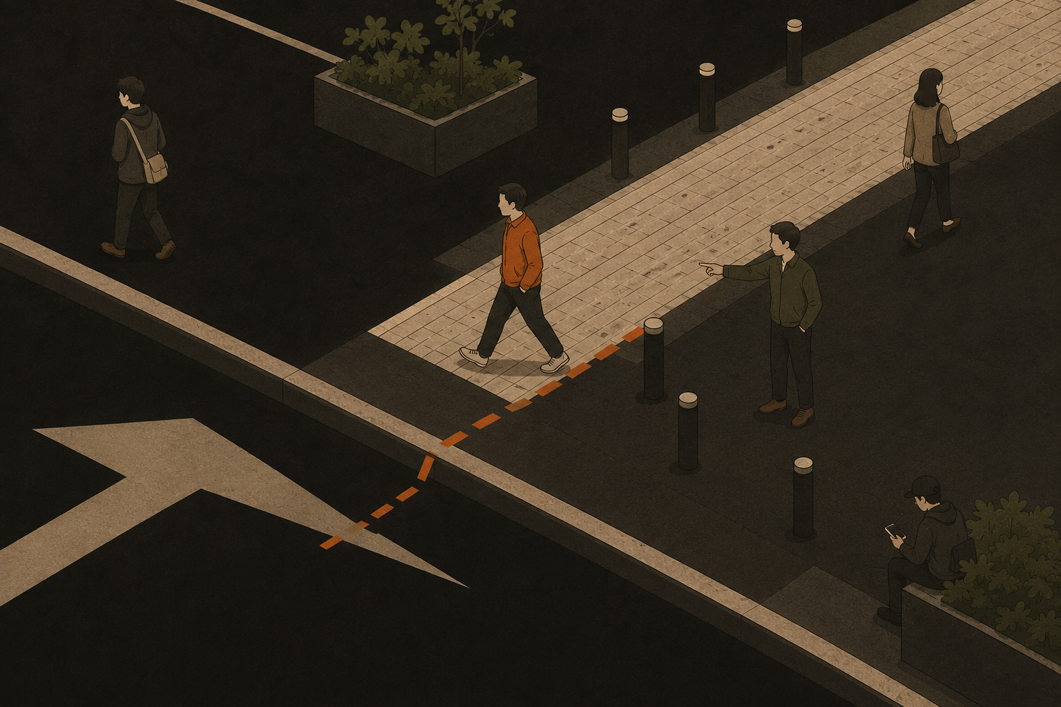 A minimalist illustration of one person casually crossing a defined public boundary while another points toward the rule and nearby people remain indifferent.