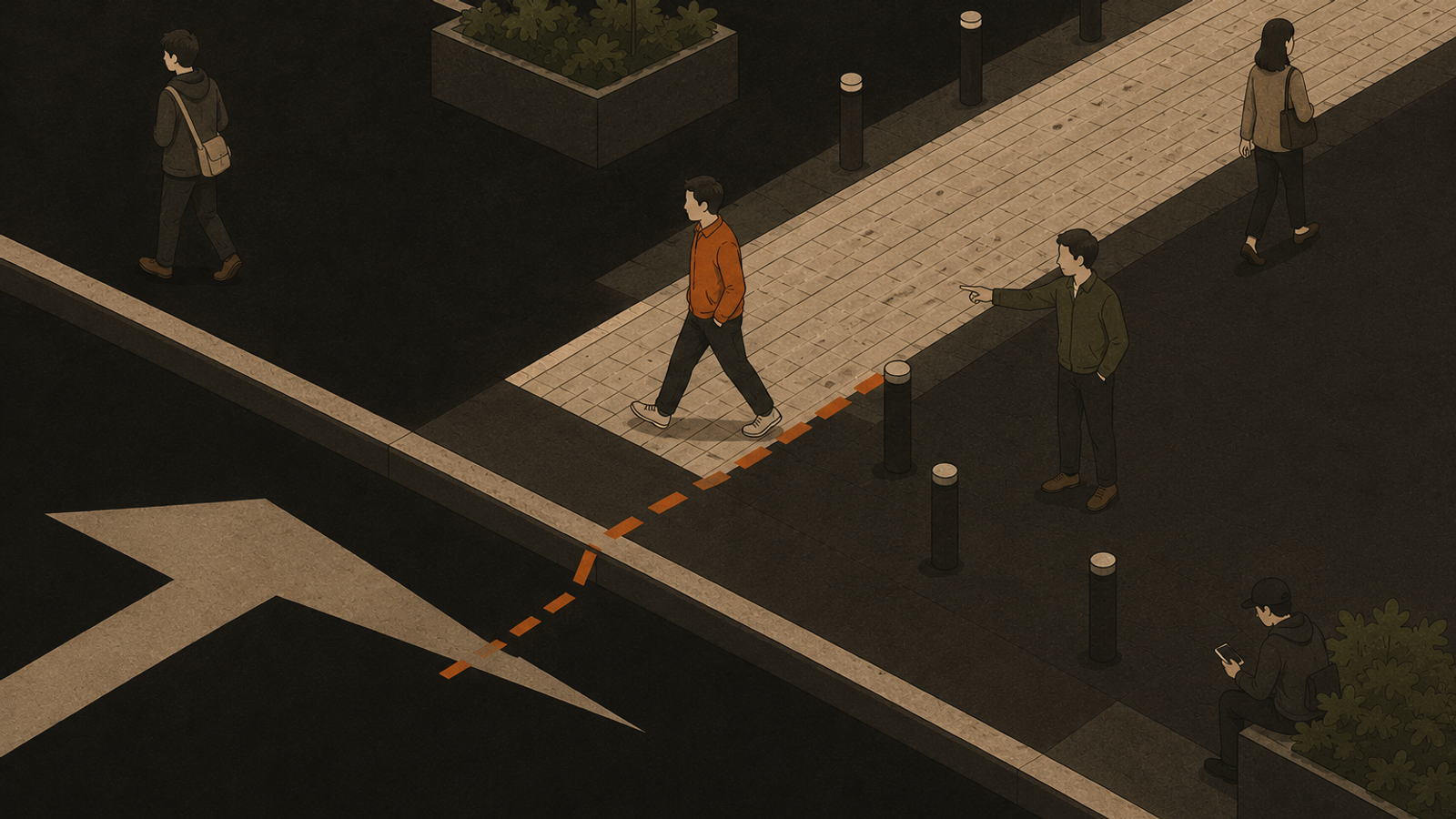 A minimalist illustration of one person casually crossing a defined public boundary while another points toward the rule and nearby people remain indifferent.